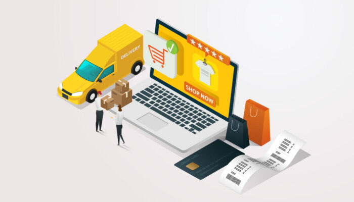 Deliveryman deliver goods to customers. Woman shopping online via laptop, paying by credit card, paper bags, receipt and delivery car on white background. isometric vector illustration.