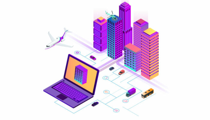 Isometric Modern city. Concept website template. Smart city with smart services and icons, internet of things, networks and augmented reality concept.