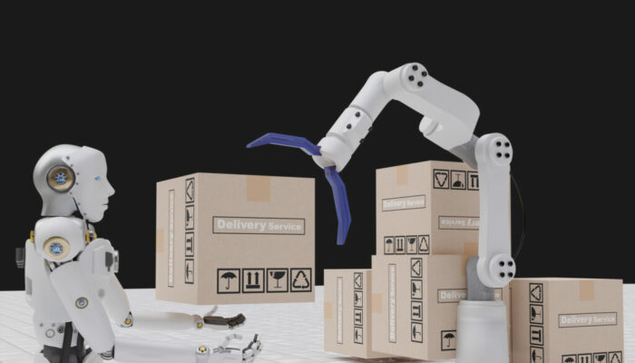 Robot arm Object for manufacturing industry technology Product export and import of future Robot cyber in the warehouse by hand mechanical future technology