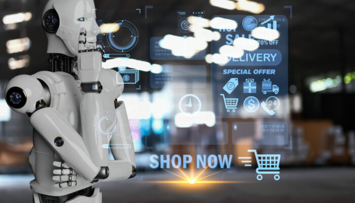 AI Technology robot touching UI screen interface technology AI Robot arm Object manufacturing industry technology Product export and import of future warehouse future technology robotics