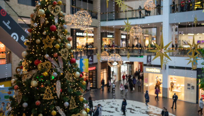 Lviv, Ukraine - January 19, 2020: christmas tree inside city mall store holidays shopping