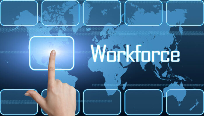 Workforce concept with interface and world map on blue background